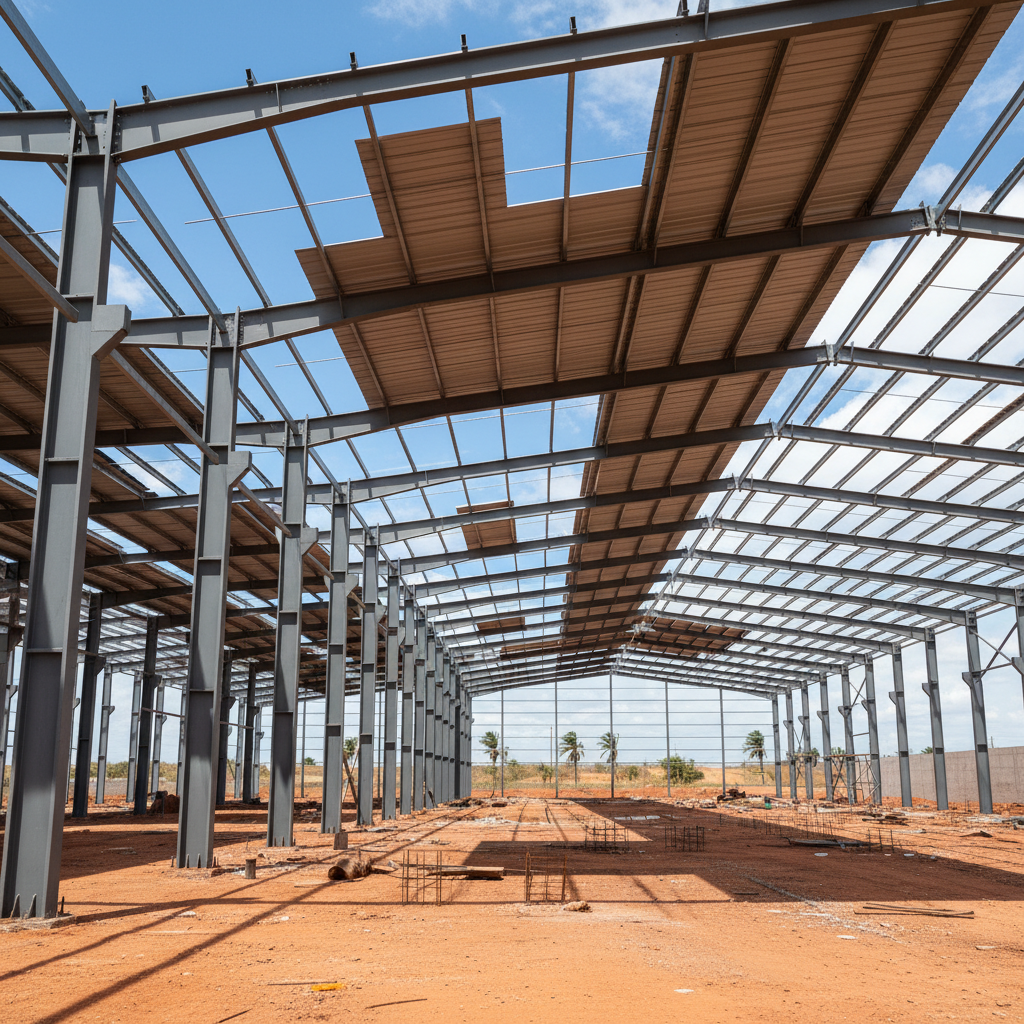 Esqueleto de galpão metálico em construção — pórticos e treliças NBR 8800