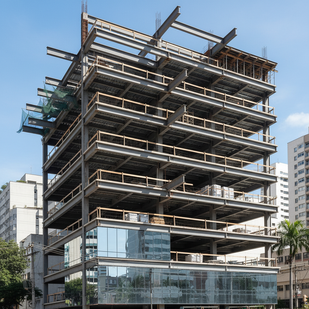 Estrutura de edifício comercial em construção com pilares e vigas mistas aço-concreto
