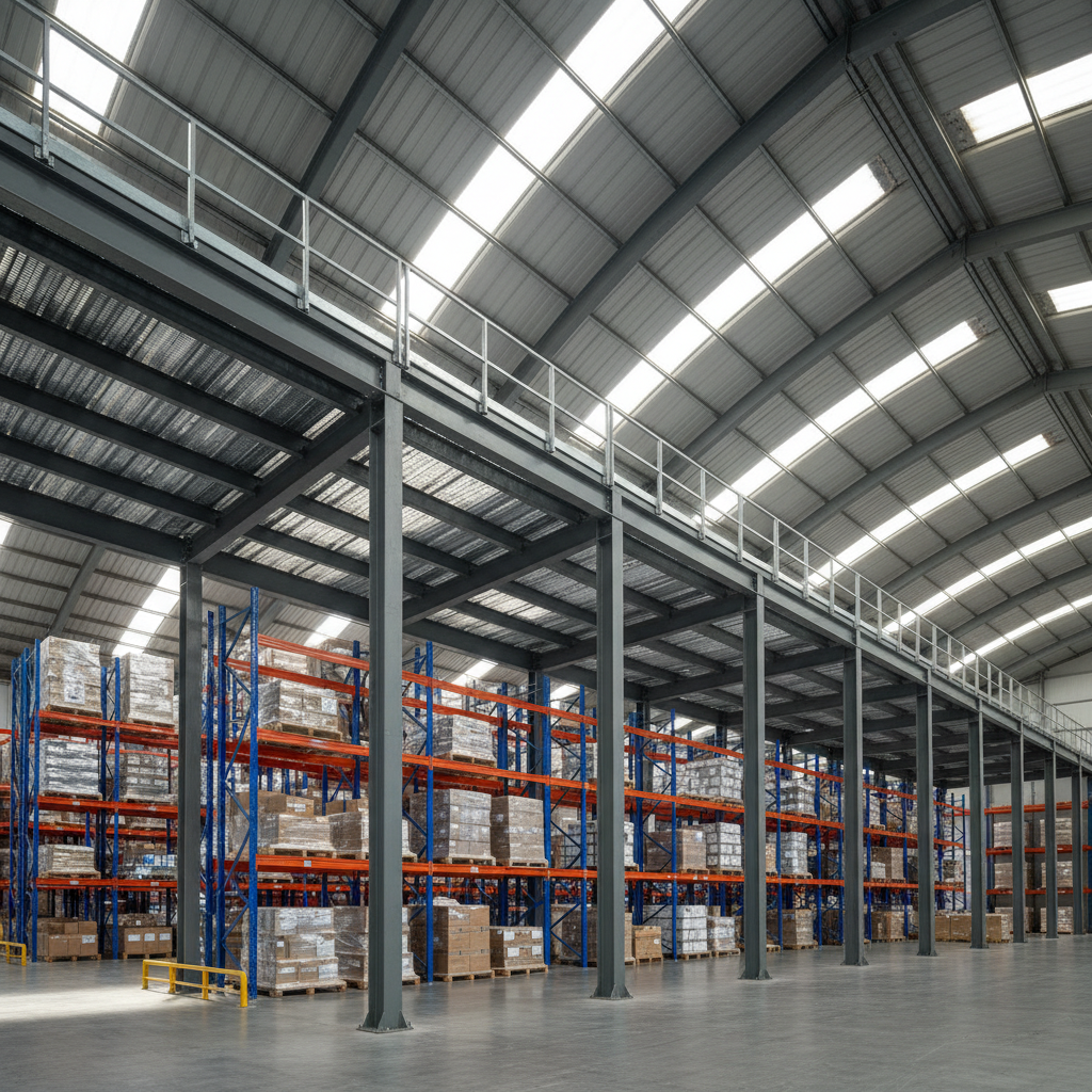 Mezanino metálico em estrutura de galpão logístico com vigas e pilares aço