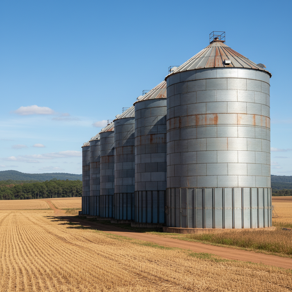 Bateria de silos metálicos para armazenagem de grãos com estrutura calculada