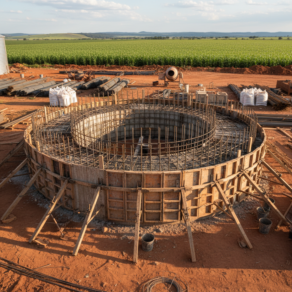 Base e fundação de silo em concreto armado para armazenagem de grãos