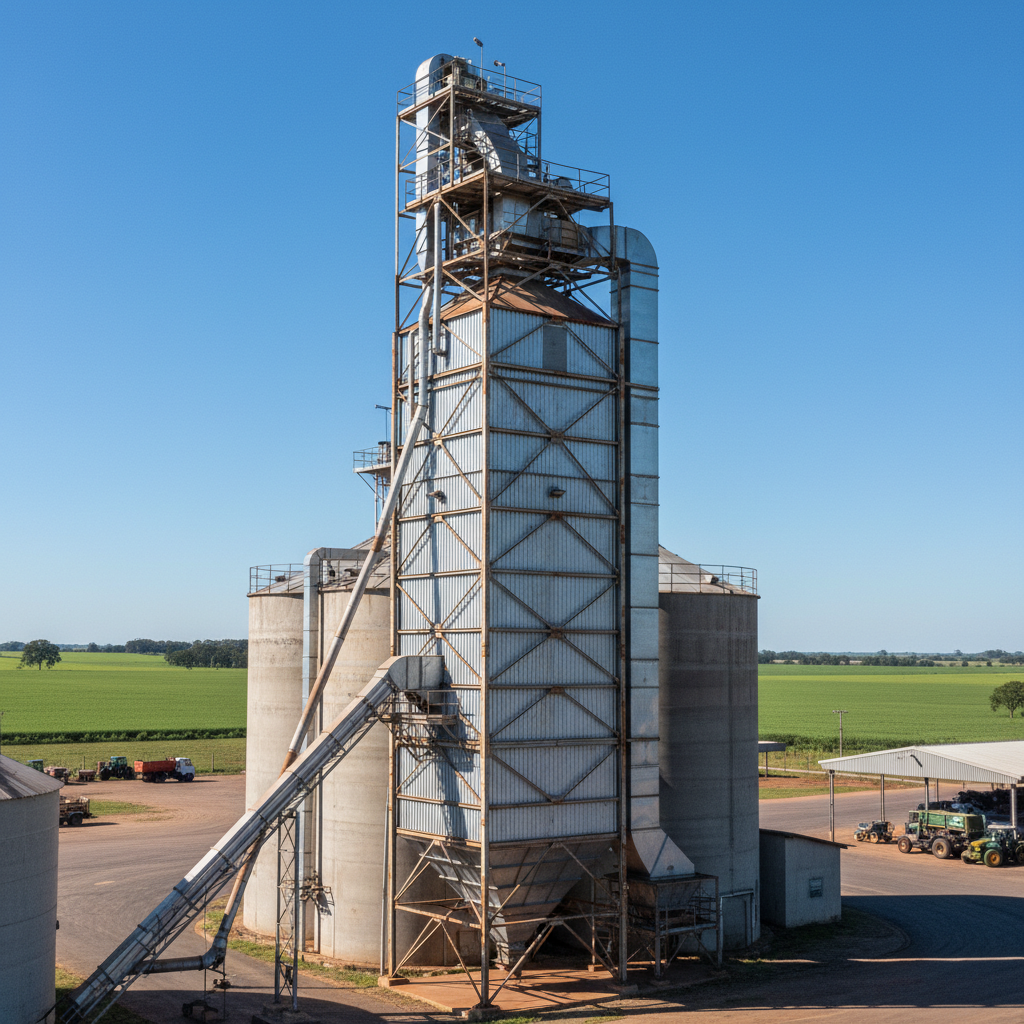Torre de secador de grãos vertical agroindustrial em estrutura mista aço-concreto